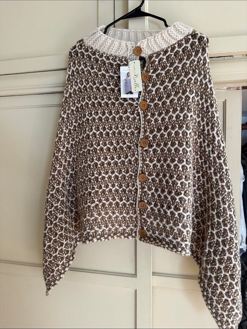Chunky Knit Button-Front Sweater Cardigan - Cream & Brown pancho style
